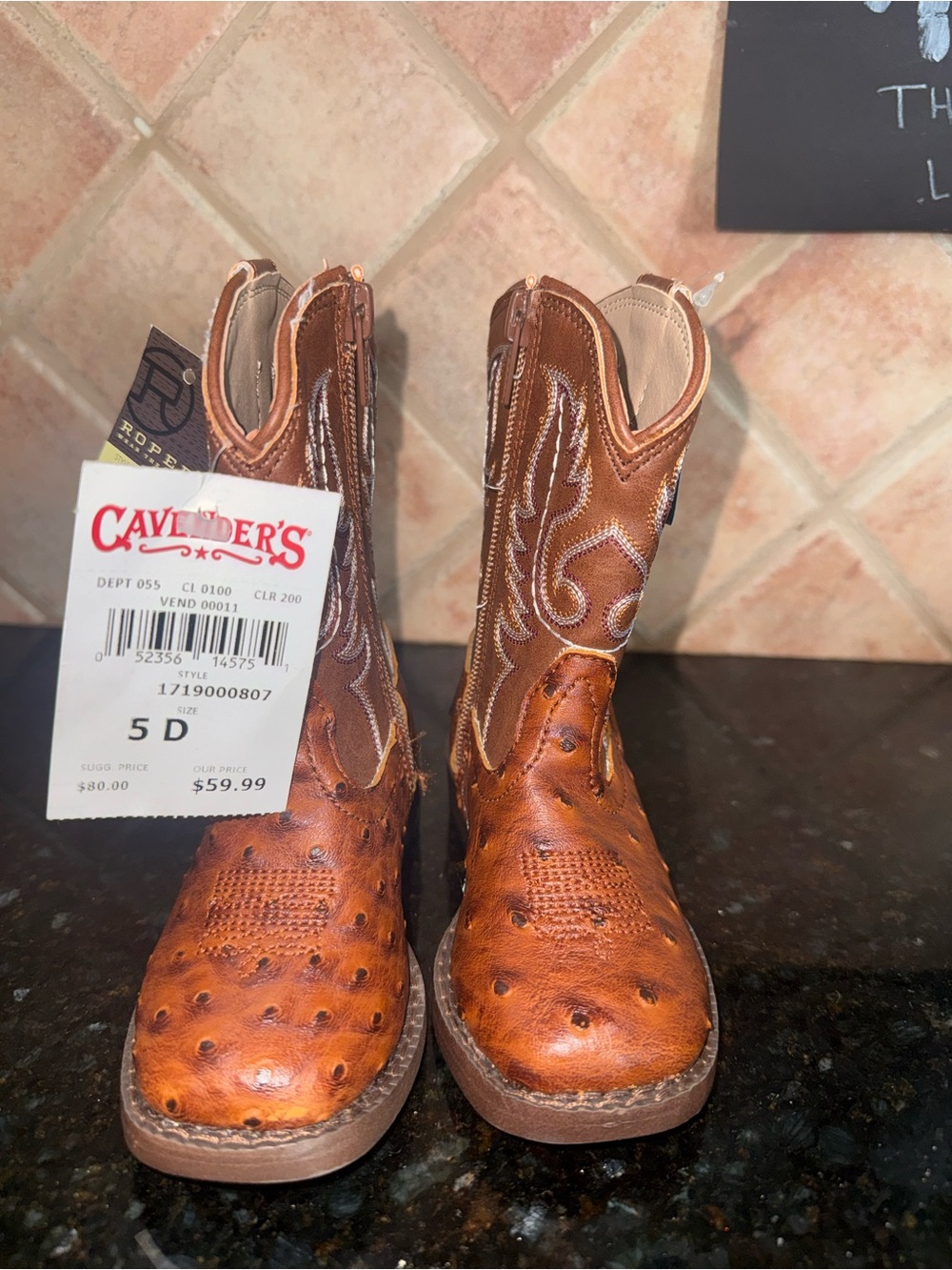 Roper Toddler Western Cowboy Boots Ostrich Print Brown Size 5D NWT